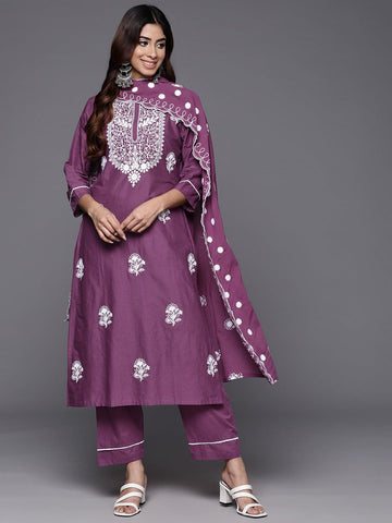 Varanga Women Purple Thread Embroidered Kurta With Tonal Bottom And Dupatta